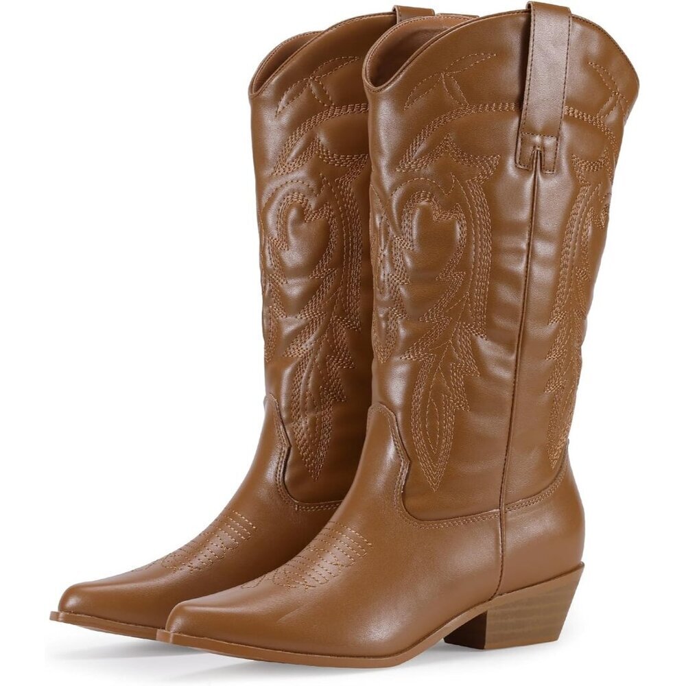 Women's Tan Pointy Toe Cowgirl Chunky Heel Boot Mid Calf Ladies Western Boots